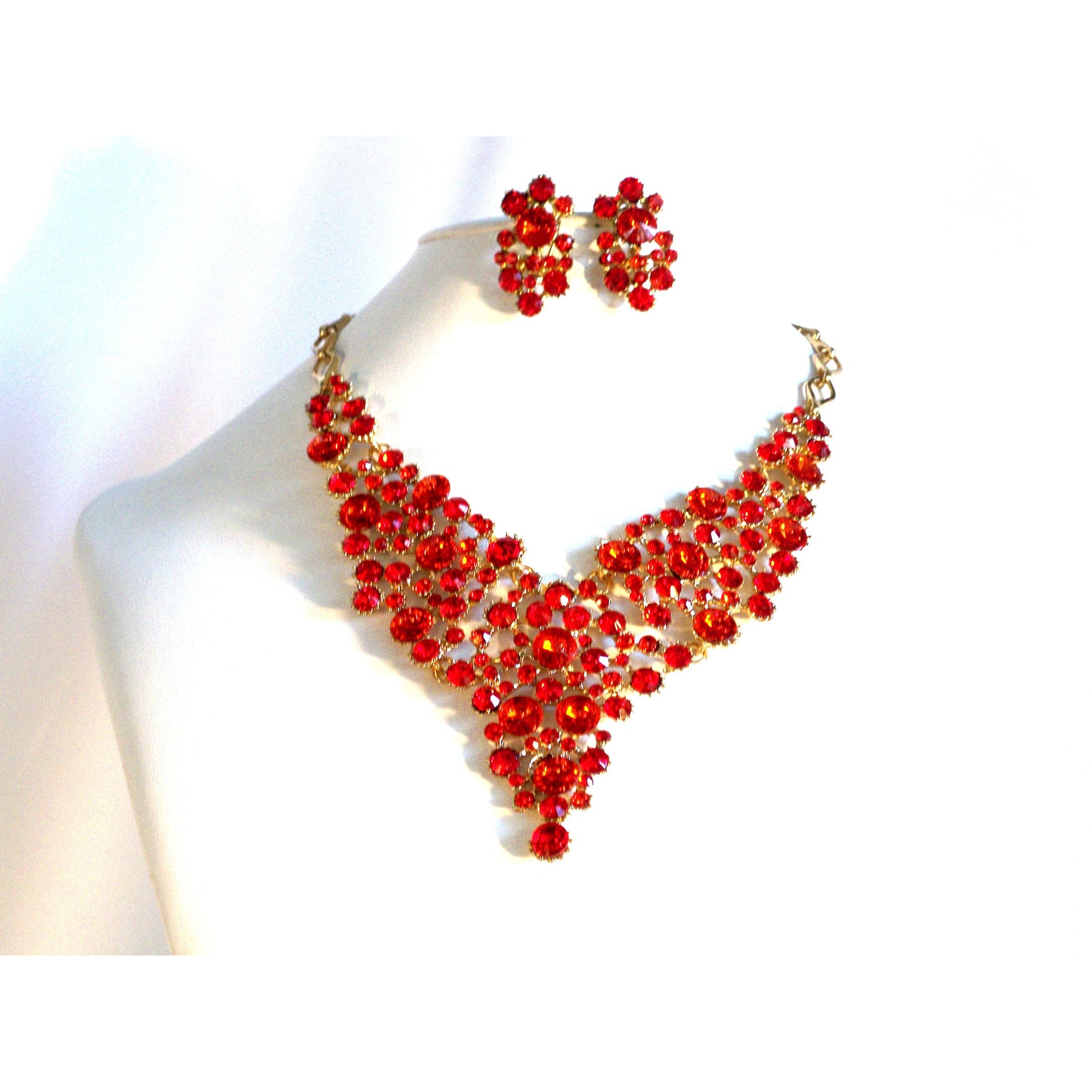 Red Rhinestone 4 Pc Necklace Set, Bridal Mob Prom Party Evening Drag Queen Gift